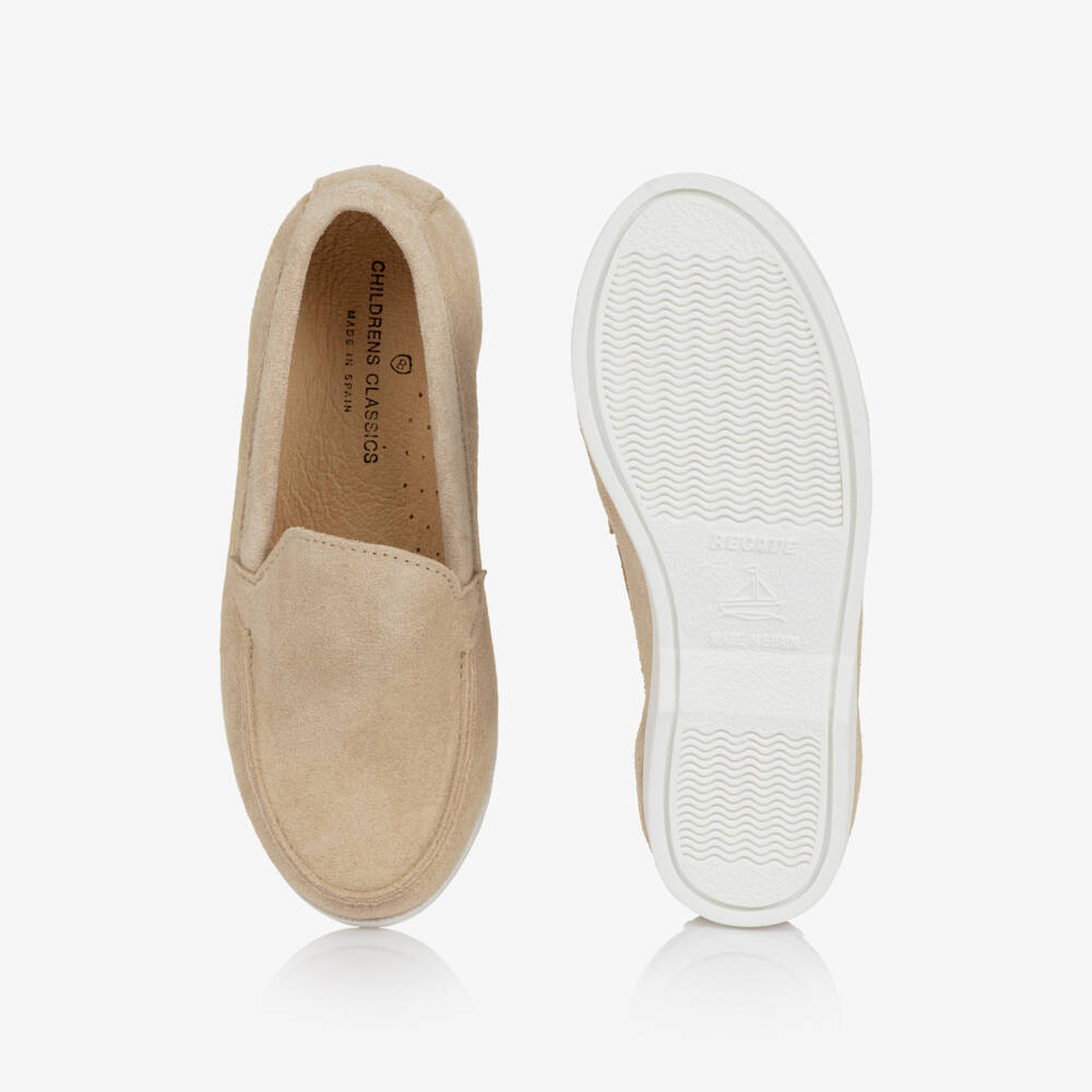 Children's Classics-Boys Beige Suede Loafers with White Soles | Childrensalon
