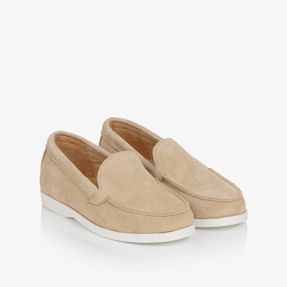 Children's Classics-Boys Beige Suede Loafers with White Soles | Childrensalon