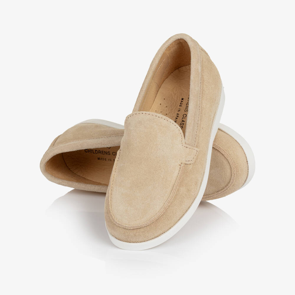 Children's Classics-Boys Beige Suede Loafers with White Soles | Childrensalon