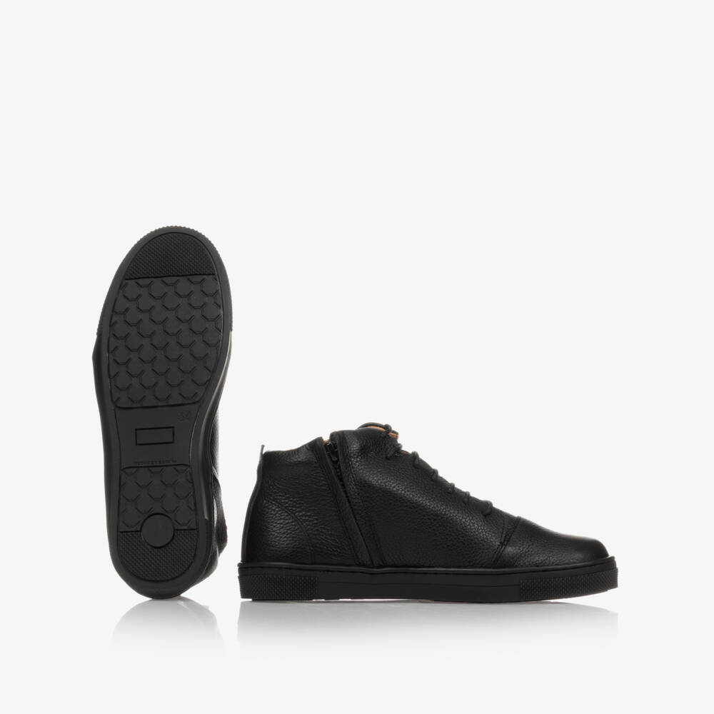 Children's Classics-Boys Black Leather Lace-Up Trainers | Childrensalon