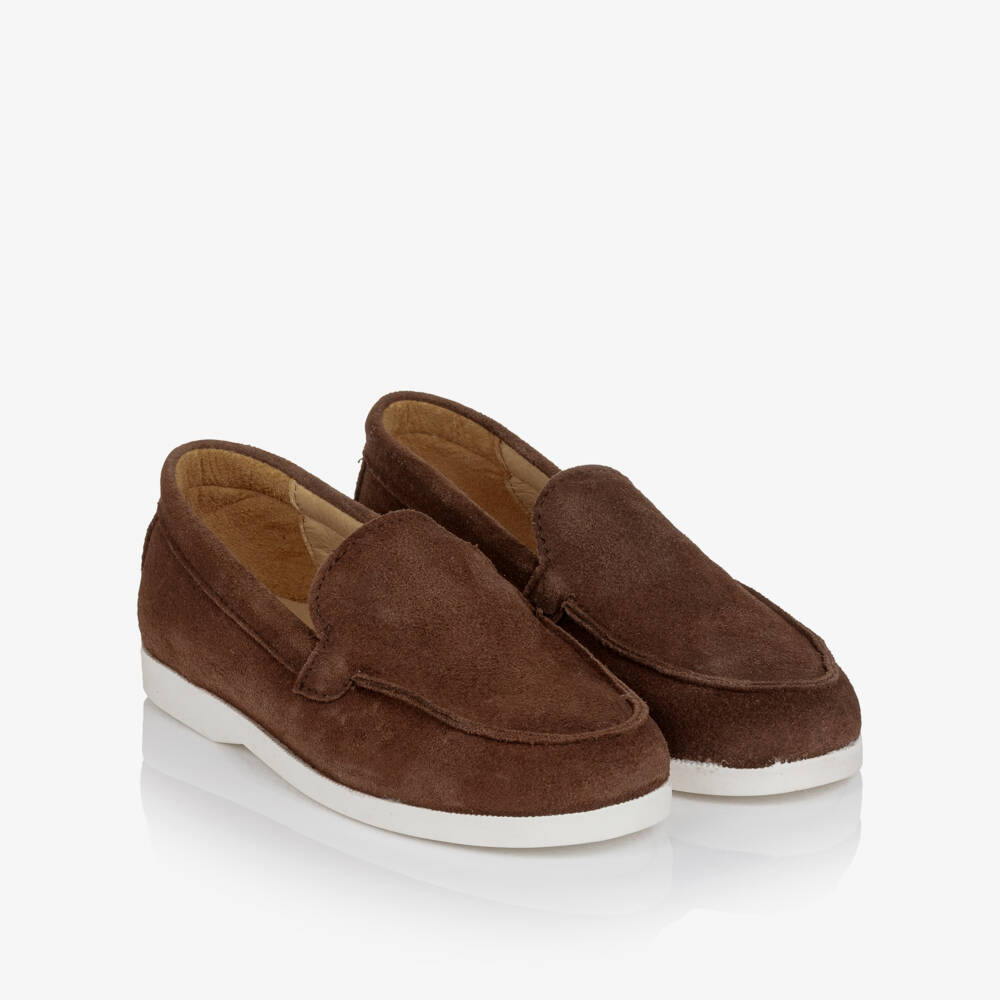 Children's Classics-Boys Brown Suede Loafers with White Soles | Childrensalon