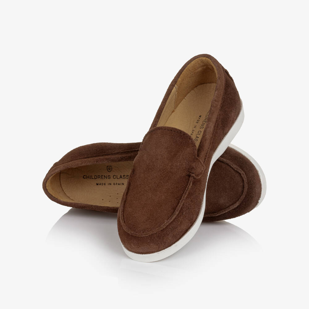 Children's Classics-Boys Brown Suede Loafers with White Soles | Childrensalon