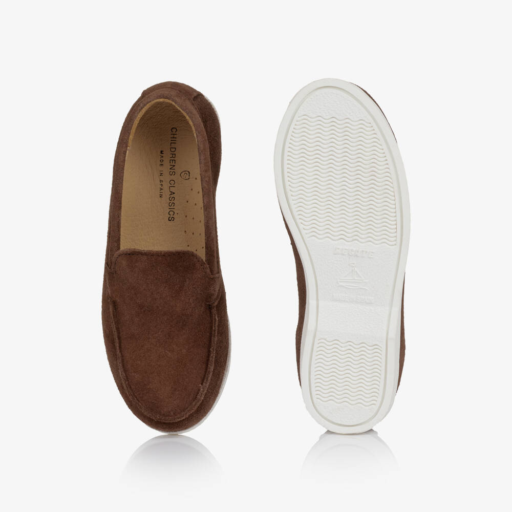 Children's Classics-Boys Brown Suede Loafers with White Soles | Childrensalon