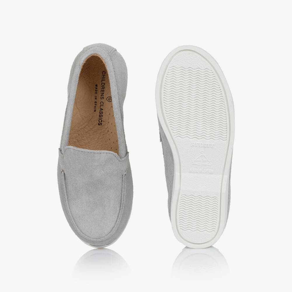 Children's Classics-Boys Grey Suede Loafers with White Soles | Childrensalon