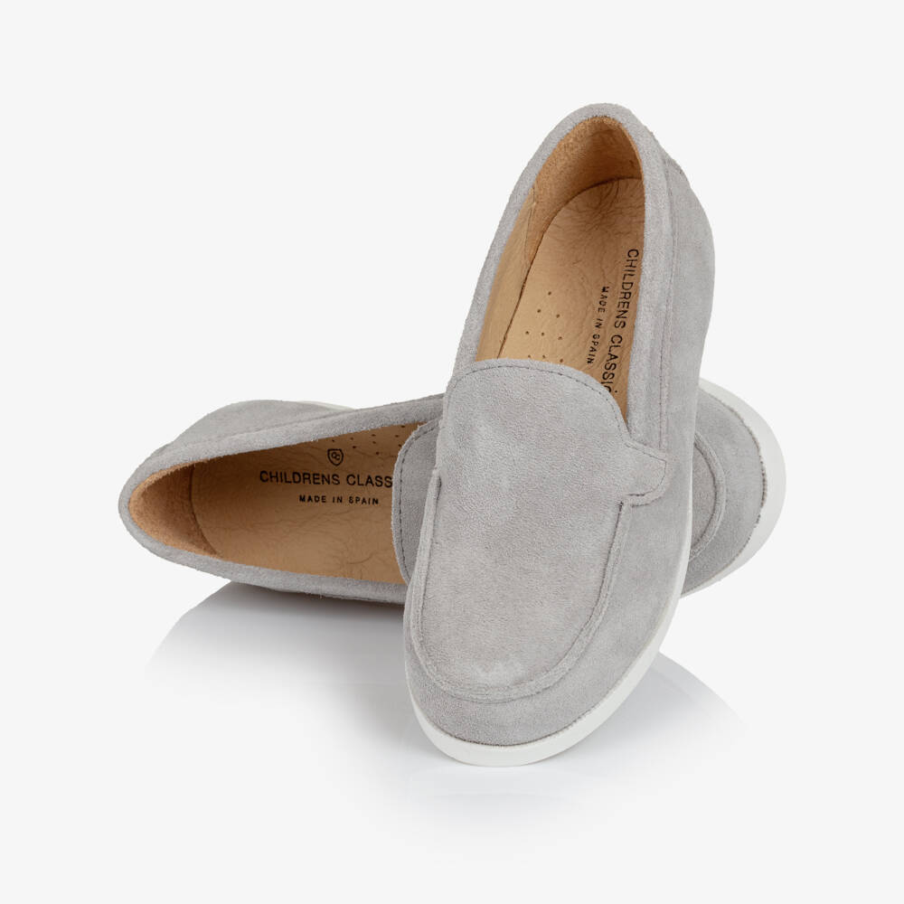 Children's Classics-Boys Grey Suede Loafers with White Soles | Childrensalon
