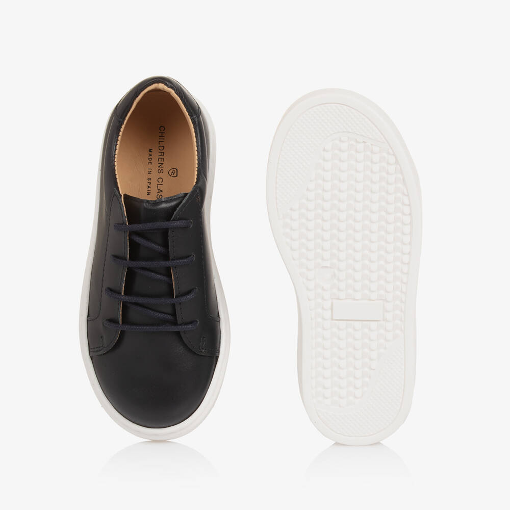 Children's Classics-Boys Navy Blue Leather Lace-Up Trainers | Childrensalon