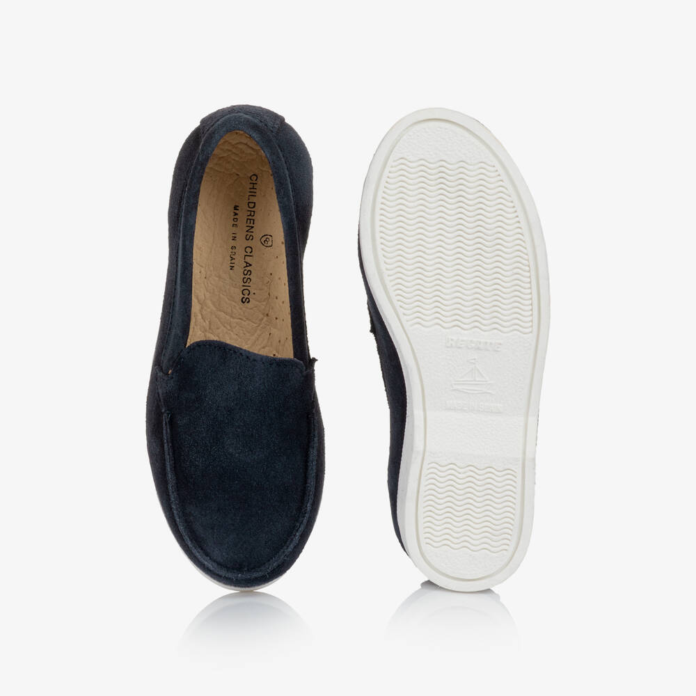 Children's Classics-Boys Navy Blue Suede Loafers with White Soles | Childrensalon