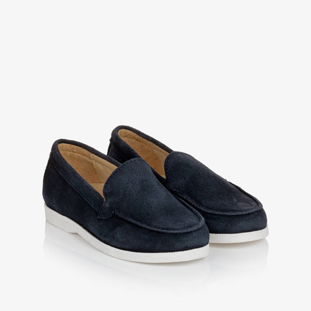 Children's Classics-Boys Navy Blue Suede Loafers with White Soles | Childrensalon
