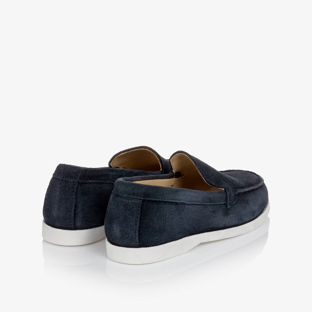 Children's Classics-Boys Navy Blue Suede Loafers with White Soles | Childrensalon