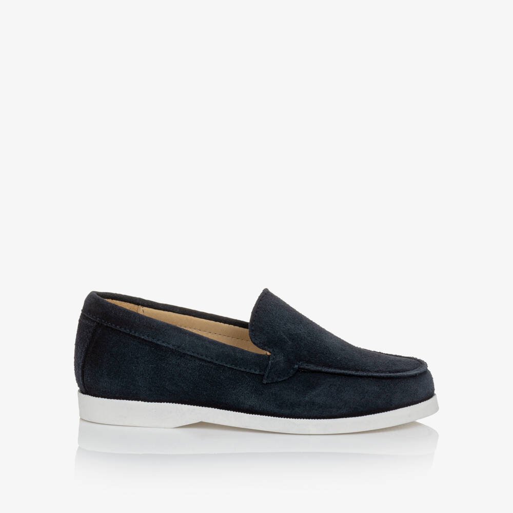 Children's Classics-Boys Navy Blue Suede Loafers with White Soles | Childrensalon