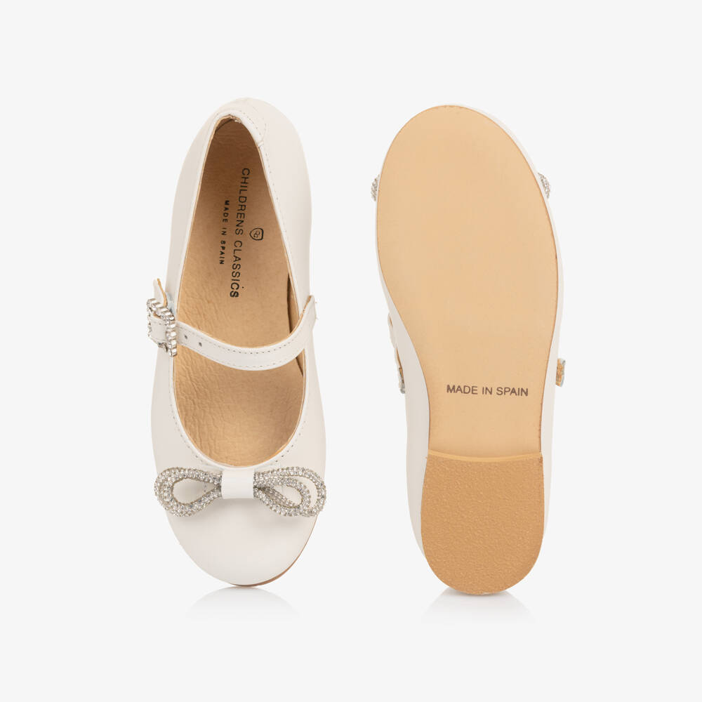 Children's Classics-Girl Ivory Leather Pumps with Diamanté Bows | Childrensalon