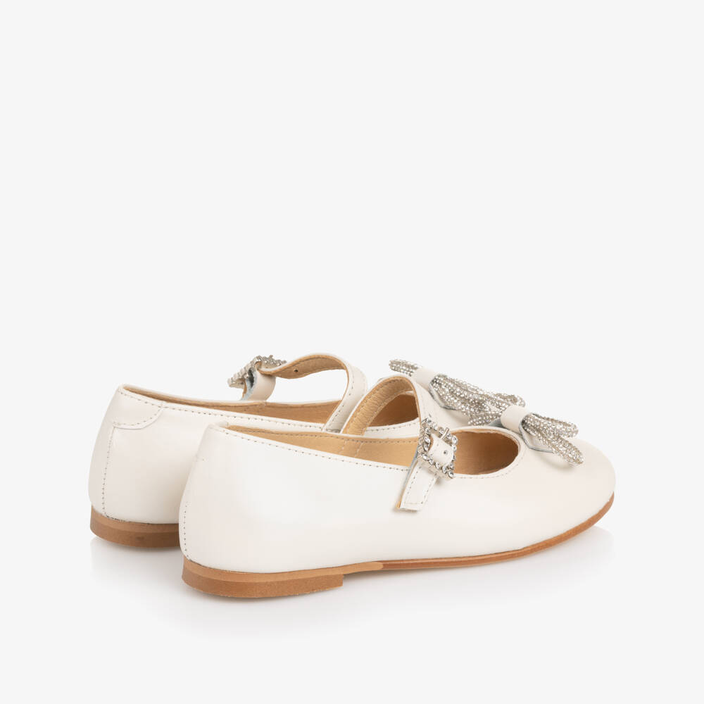 Children's Classics-Girl Ivory Leather Pumps with Diamanté Bows | Childrensalon