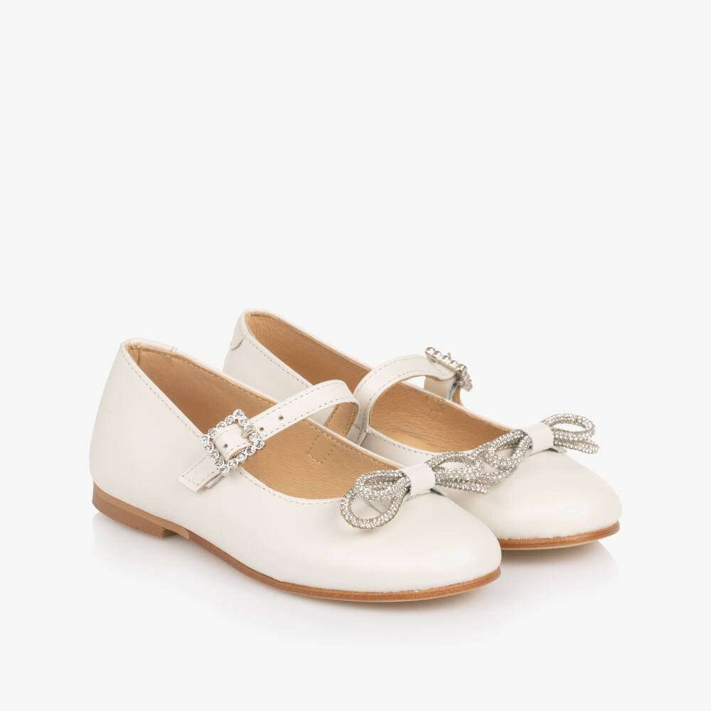 Children's Classics-Girl Ivory Leather Pumps with Diamanté Bows | Childrensalon