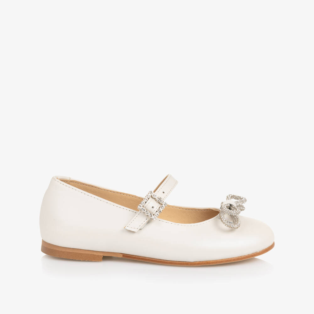Children's Classics-Girl Ivory Leather Pumps with Diamanté Bows | Childrensalon
