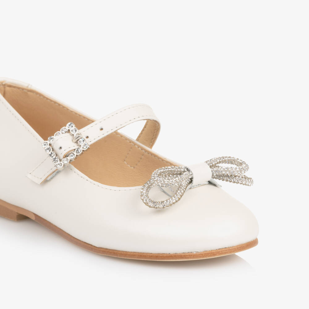 Children's Classics-Girl Ivory Leather Pumps with Diamanté Bows | Childrensalon