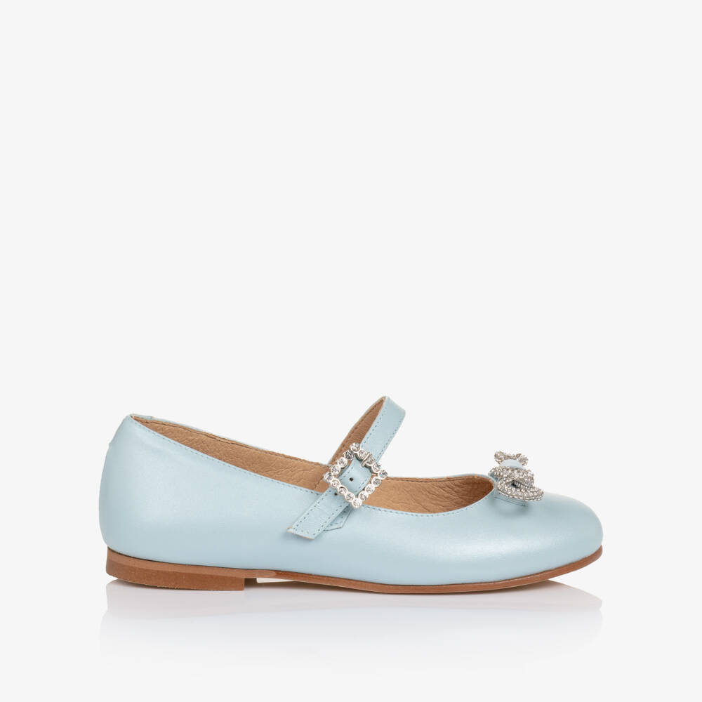 Children's Classics-Girl Pale Blue Leather Pumps with Diamanté Bows | Childrensalon