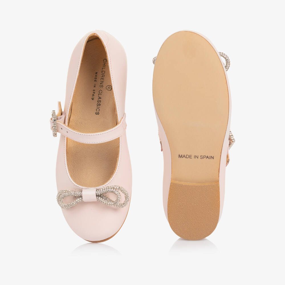 Children's Classics-Girl Pale Pink Leather Pumps with Diamanté Bows | Childrensalon