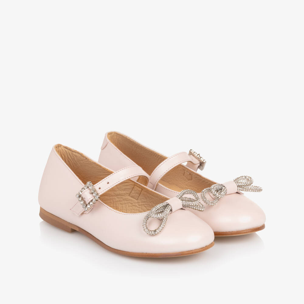 Children's Classics-Girl Pale Pink Leather Pumps with Diamanté Bows | Childrensalon