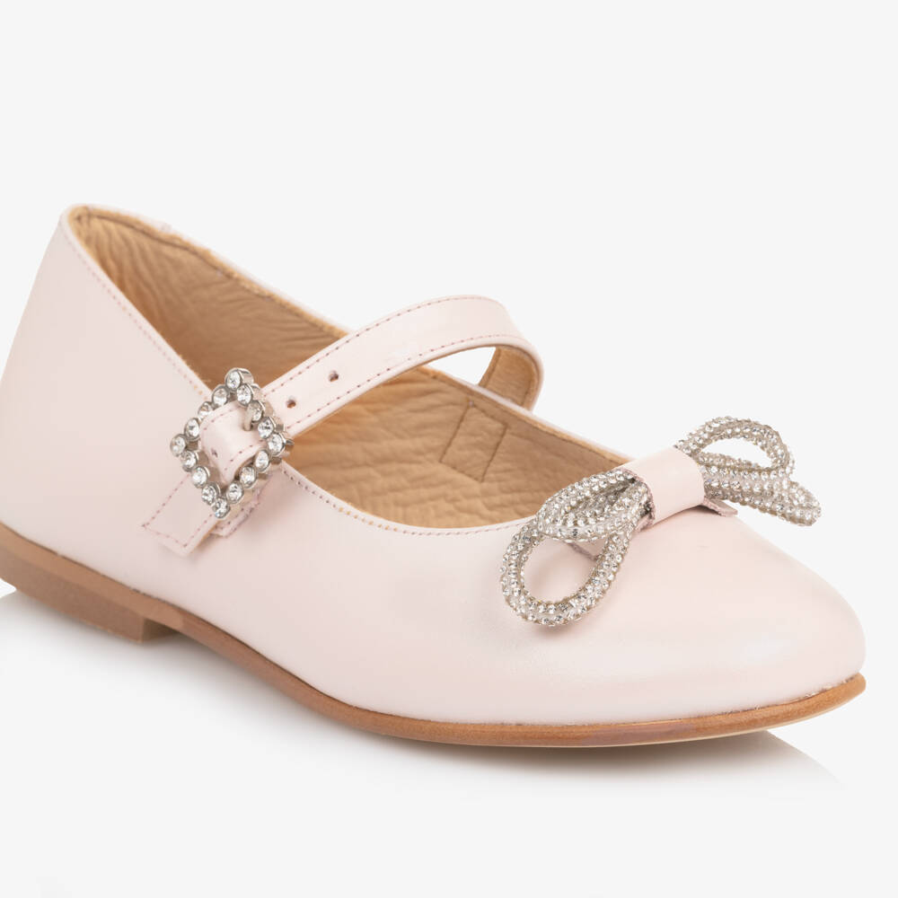 Children's Classics-Girl Pale Pink Leather Pumps with Diamanté Bows | Childrensalon