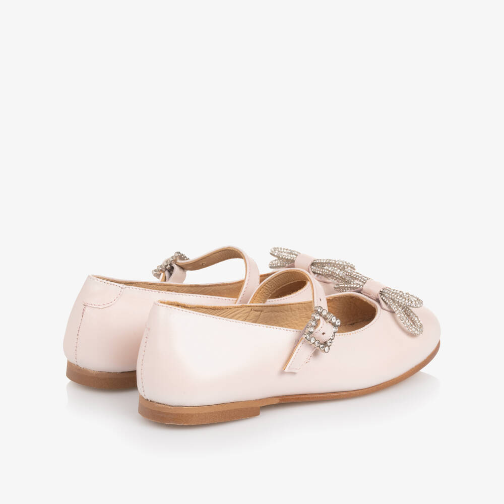 Children's Classics-Girl Pale Pink Leather Pumps with Diamanté Bows | Childrensalon