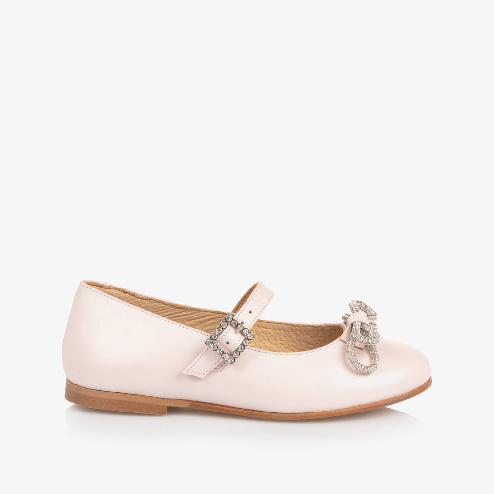 Children's Classics-Girl Pale Pink Leather Pumps with Diamanté Bows | Childrensalon