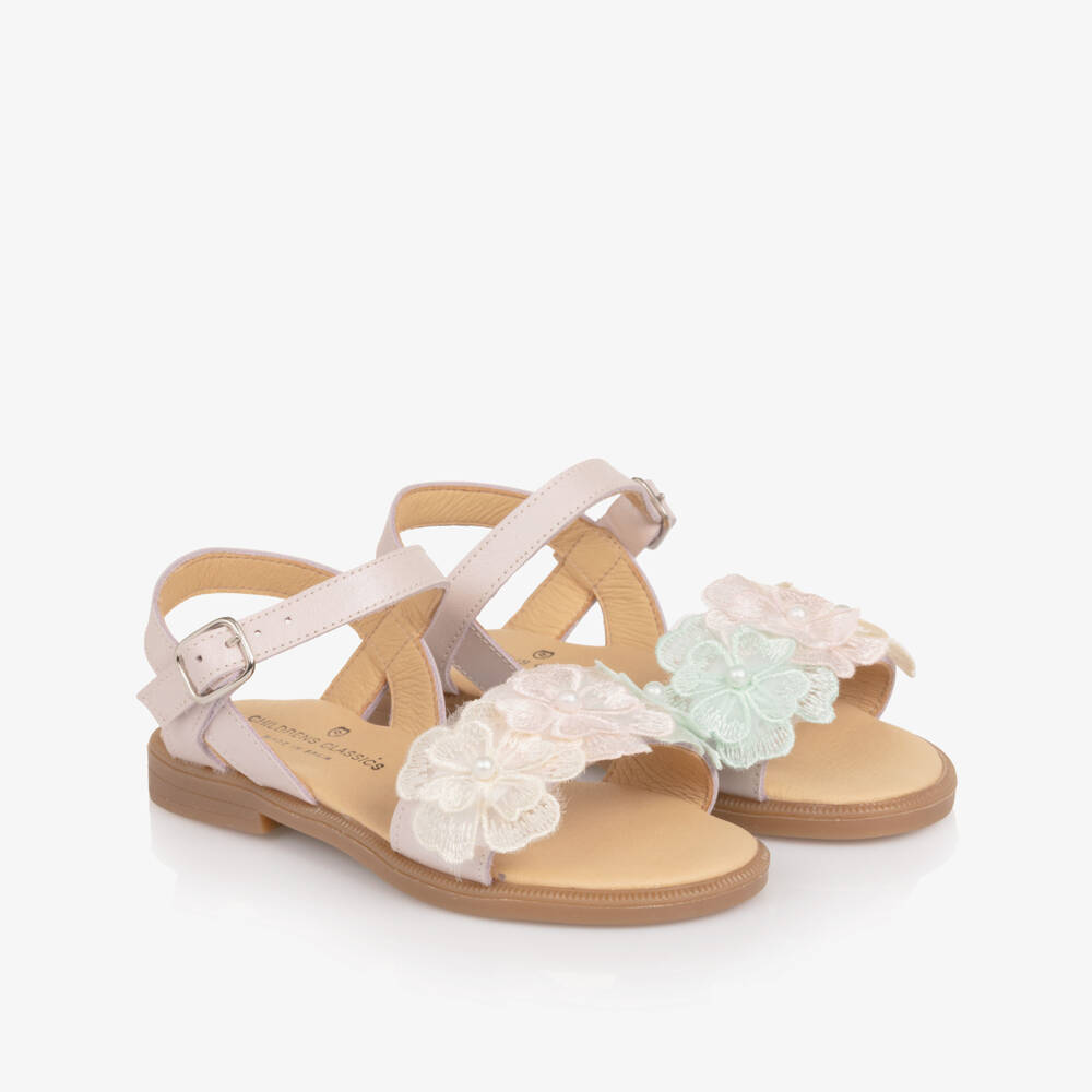 Children's Classics-Girls Dusky Pink Leather Sandals with Embroidered Flowers | Childrensalon
