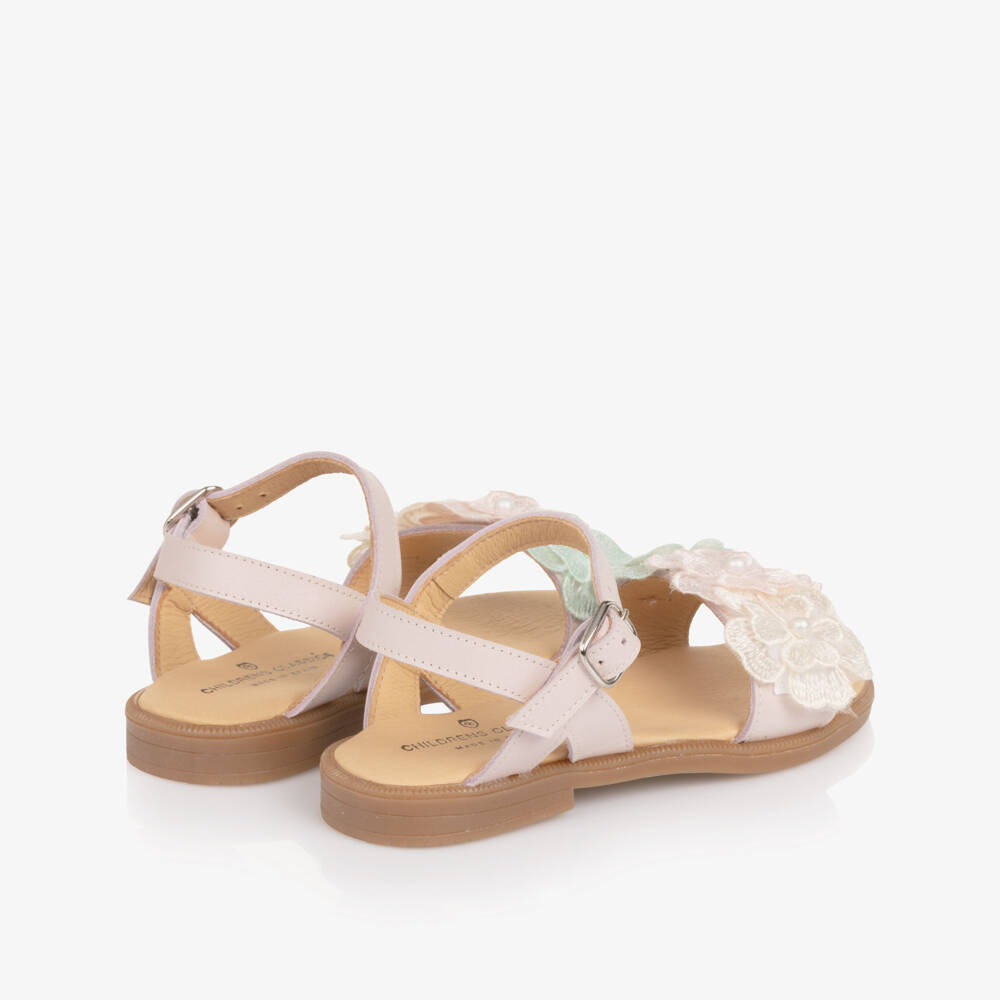 Children's Classics-Girls Dusky Pink Leather Sandals with Embroidered Flowers | Childrensalon