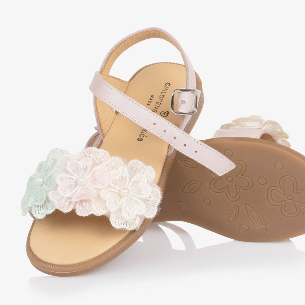 Children's Classics-Girls Dusky Pink Leather Sandals with Embroidered Flowers | Childrensalon