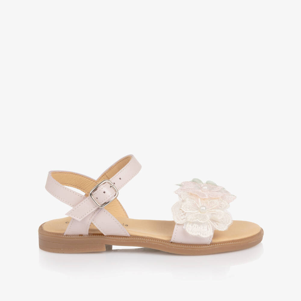Children's Classics-Girls Dusky Pink Leather Sandals with Embroidered Flowers | Childrensalon