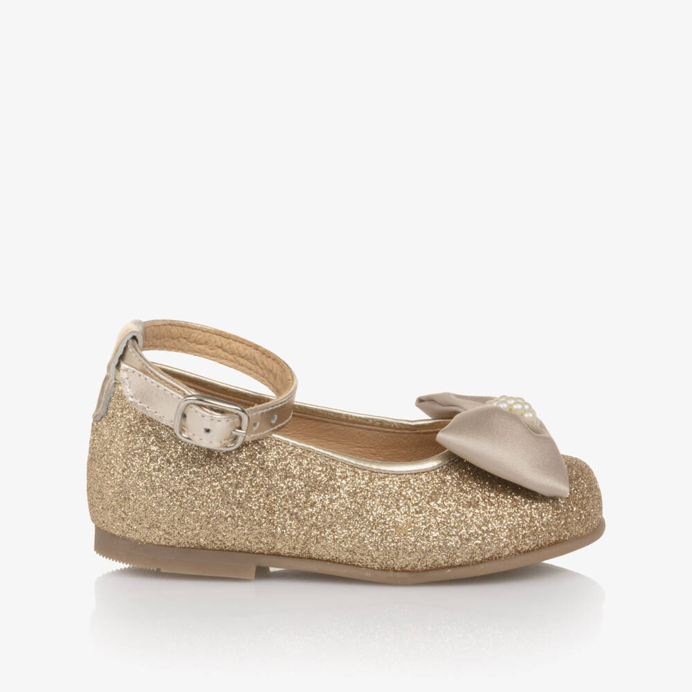 Children's Classics-Girls Gold Glitter First Walker Shoes with Satin Bows | Childrensalon