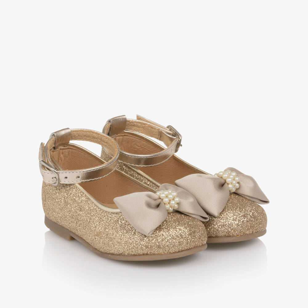 Children's Classics-Girls Gold Glitter First Walker Shoes with Satin Bows | Childrensalon
