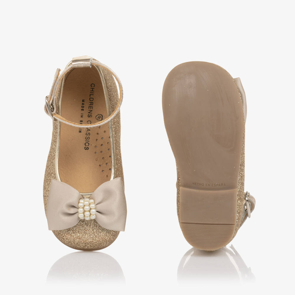 Children's Classics-Girls Gold Glitter First Walker Shoes with Satin Bows | Childrensalon