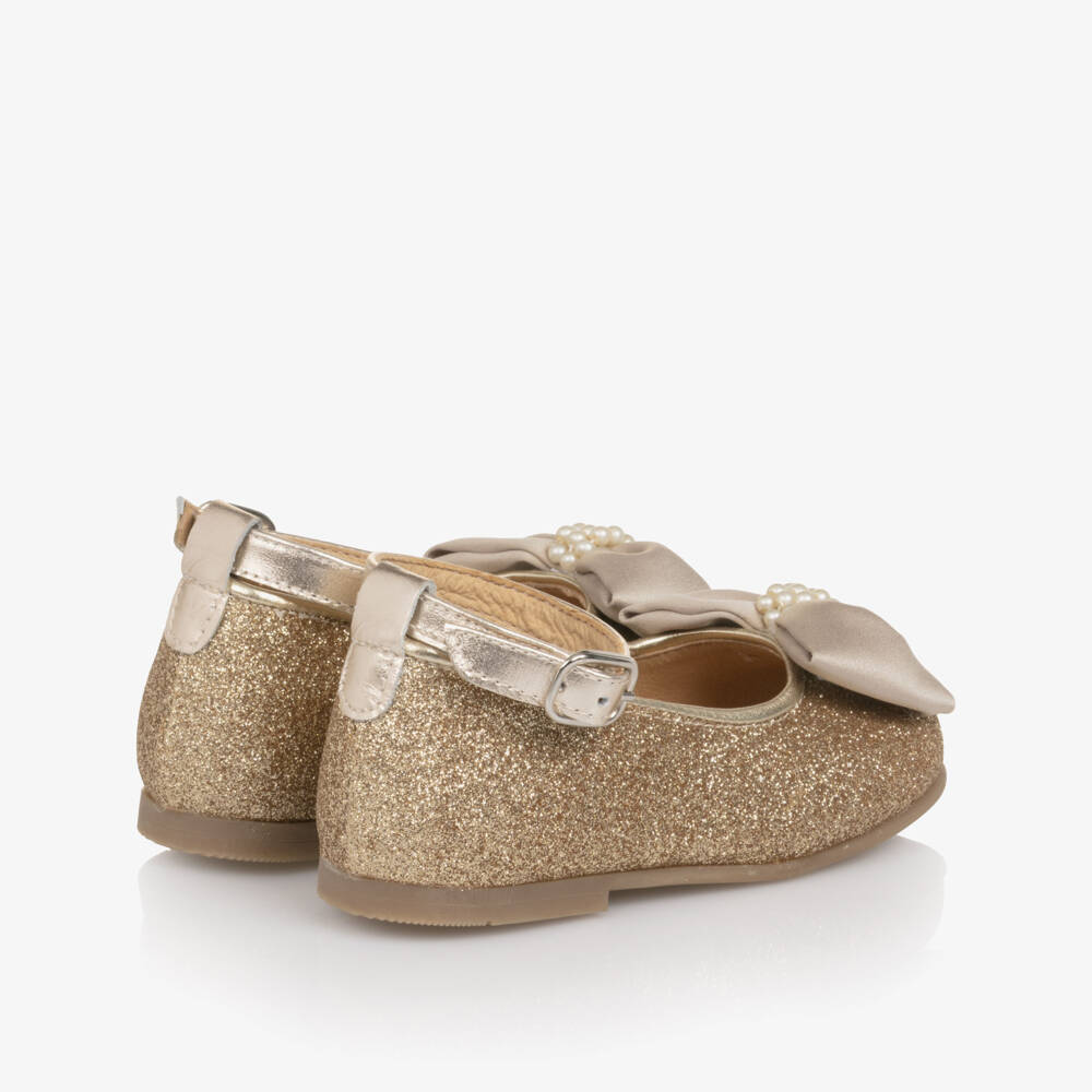 Children's Classics-Girls Gold Glitter First Walker Shoes with Satin Bows | Childrensalon
