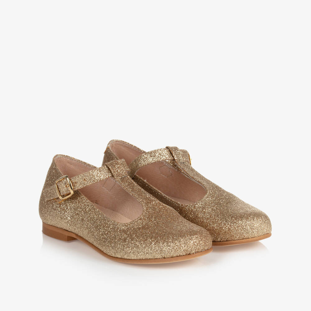 Children's Classics-Girls Gold Glitter T-Bar Shoes | Childrensalon