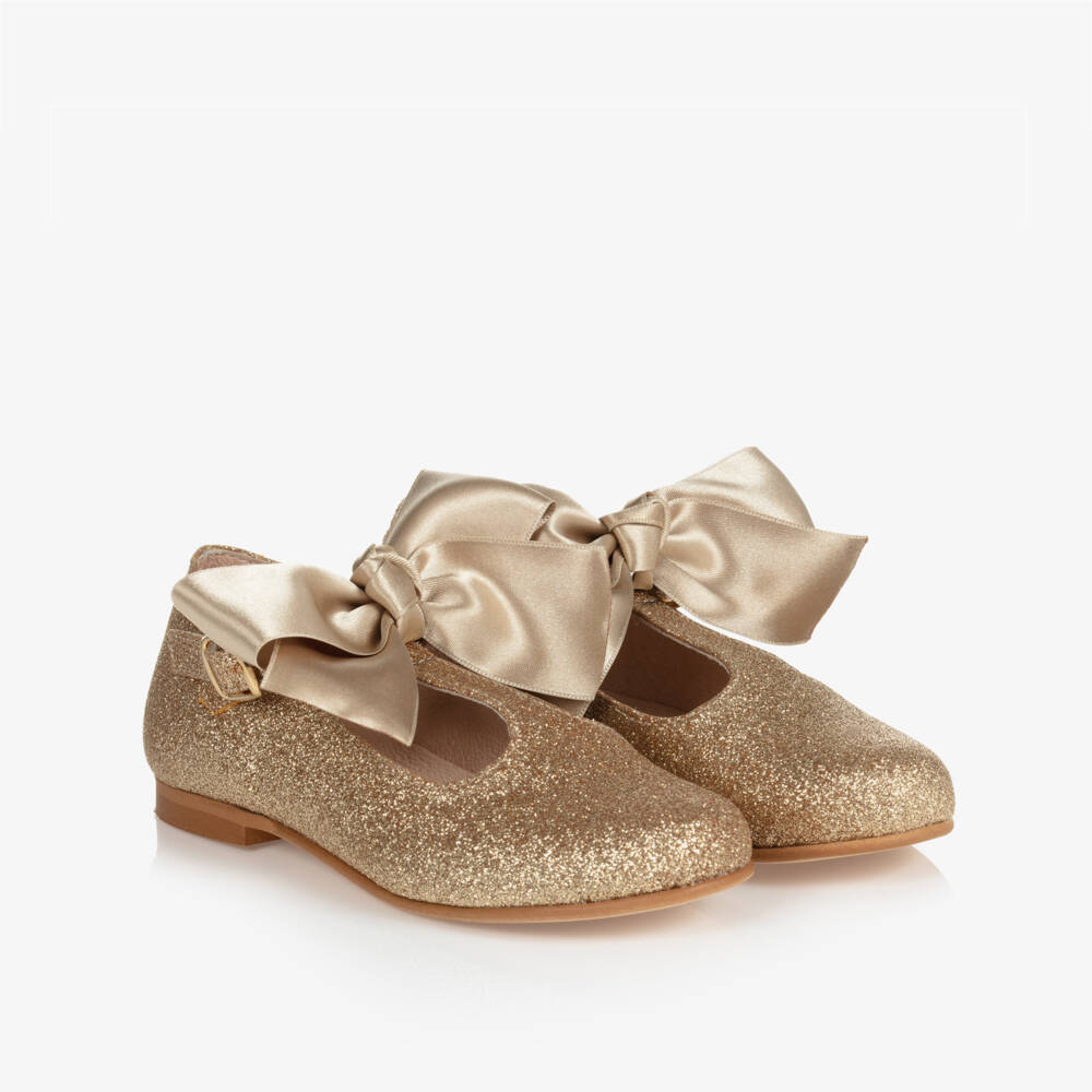 Children's Classics-Girls Gold Glitter T-Bar Shoes | Childrensalon