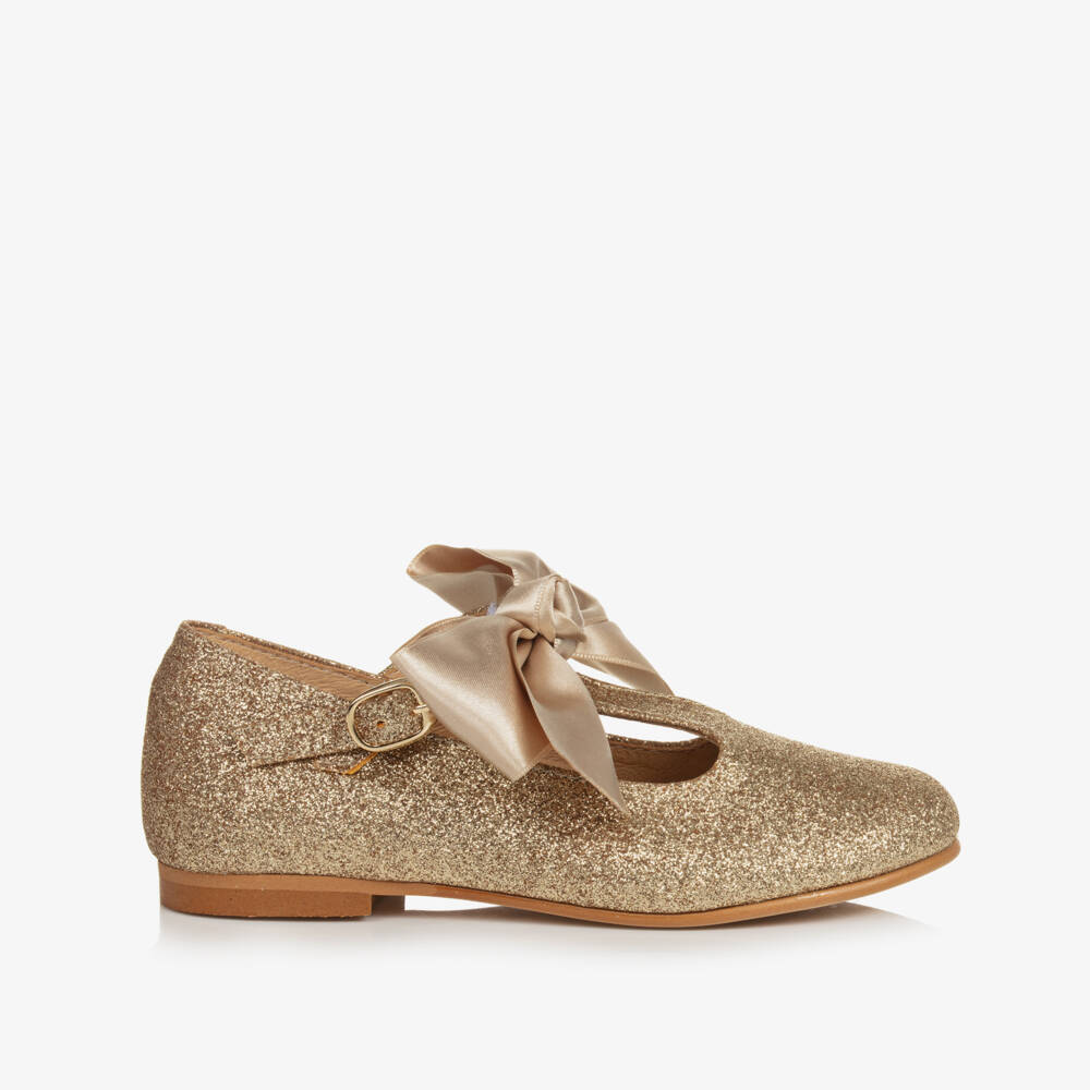 Children's Classics-Girls Gold Glitter T-Bar Shoes | Childrensalon