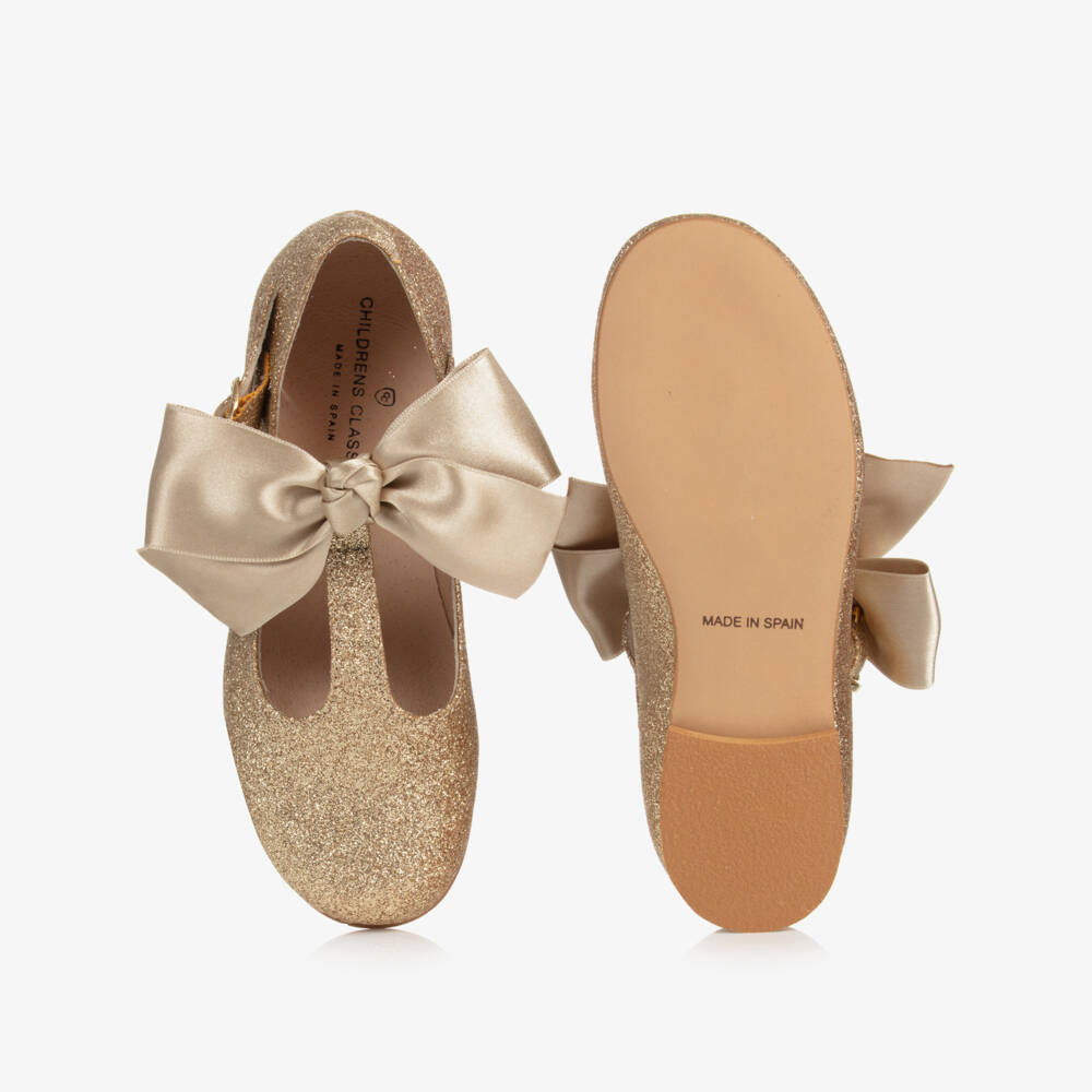 Children's Classics-Girls Gold Glitter T-Bar Shoes | Childrensalon