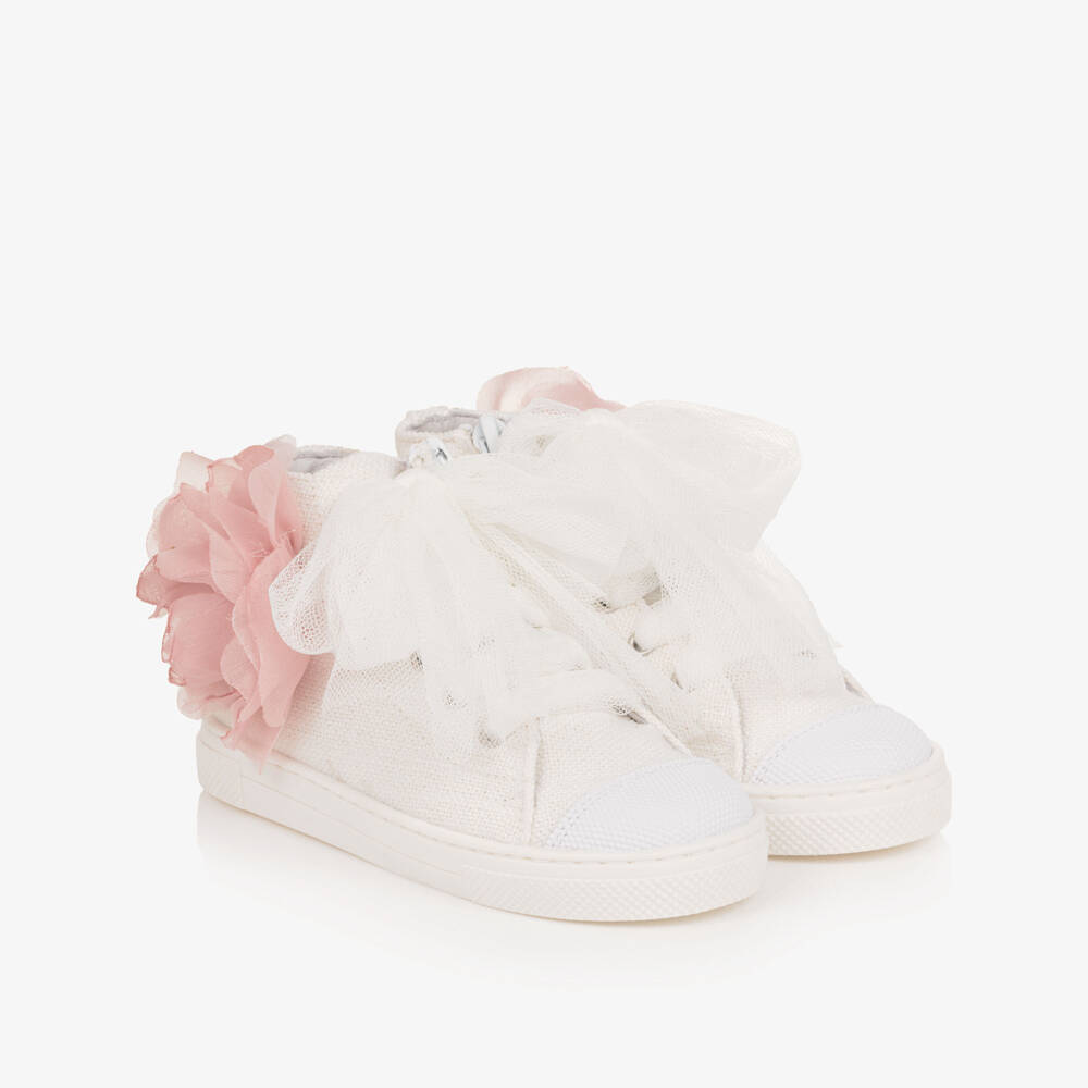 Children's Classics-Girls Ivory Canvas High-Top Trainers with Pink Flowers | Childrensalon