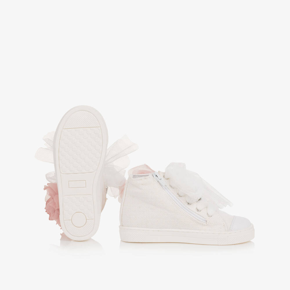 Children's Classics-Girls Ivory Canvas High-Top Trainers with Pink Flowers | Childrensalon