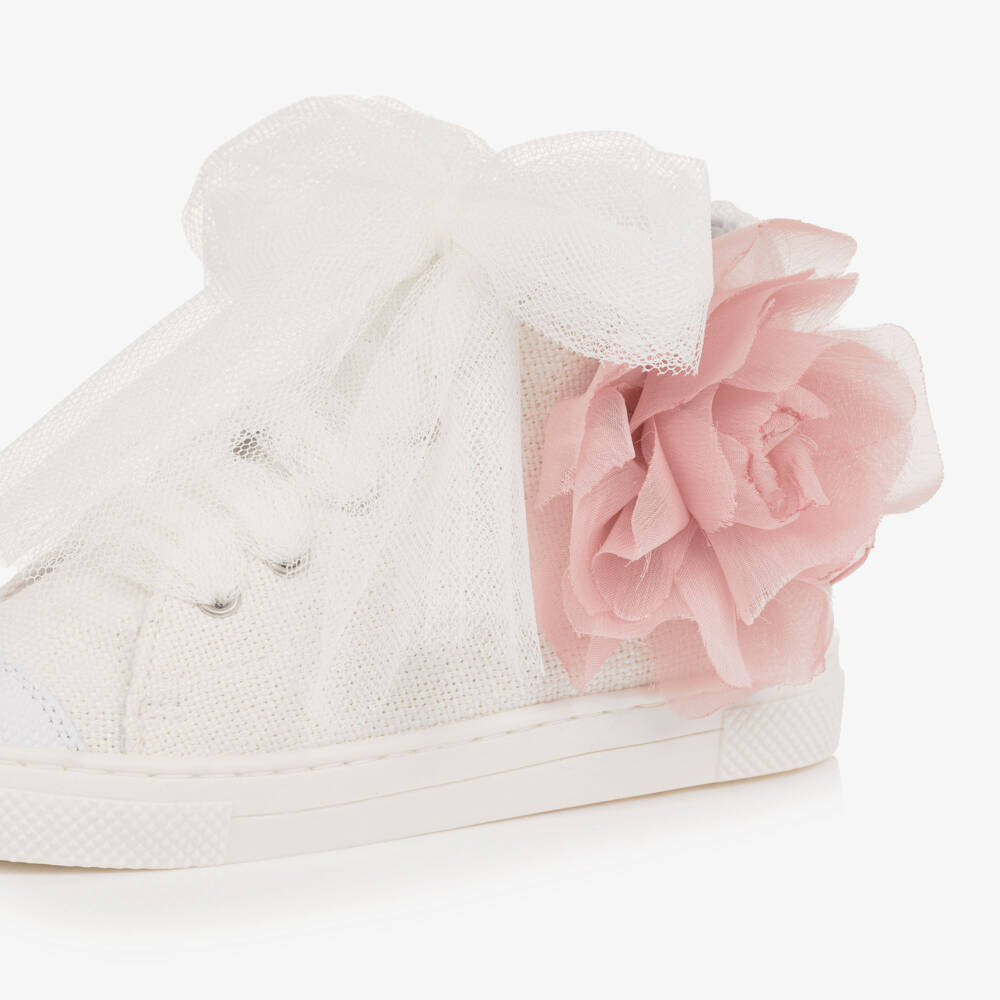 Children's Classics-Girls Ivory Canvas High-Top Trainers with Pink Flowers | Childrensalon