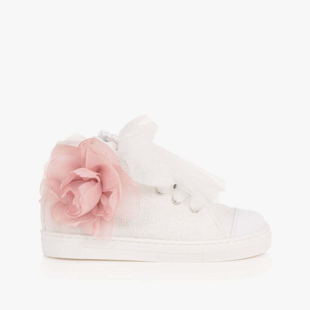 Children's Classics-Girls Ivory Canvas High-Top Trainers with Pink Flowers | Childrensalon