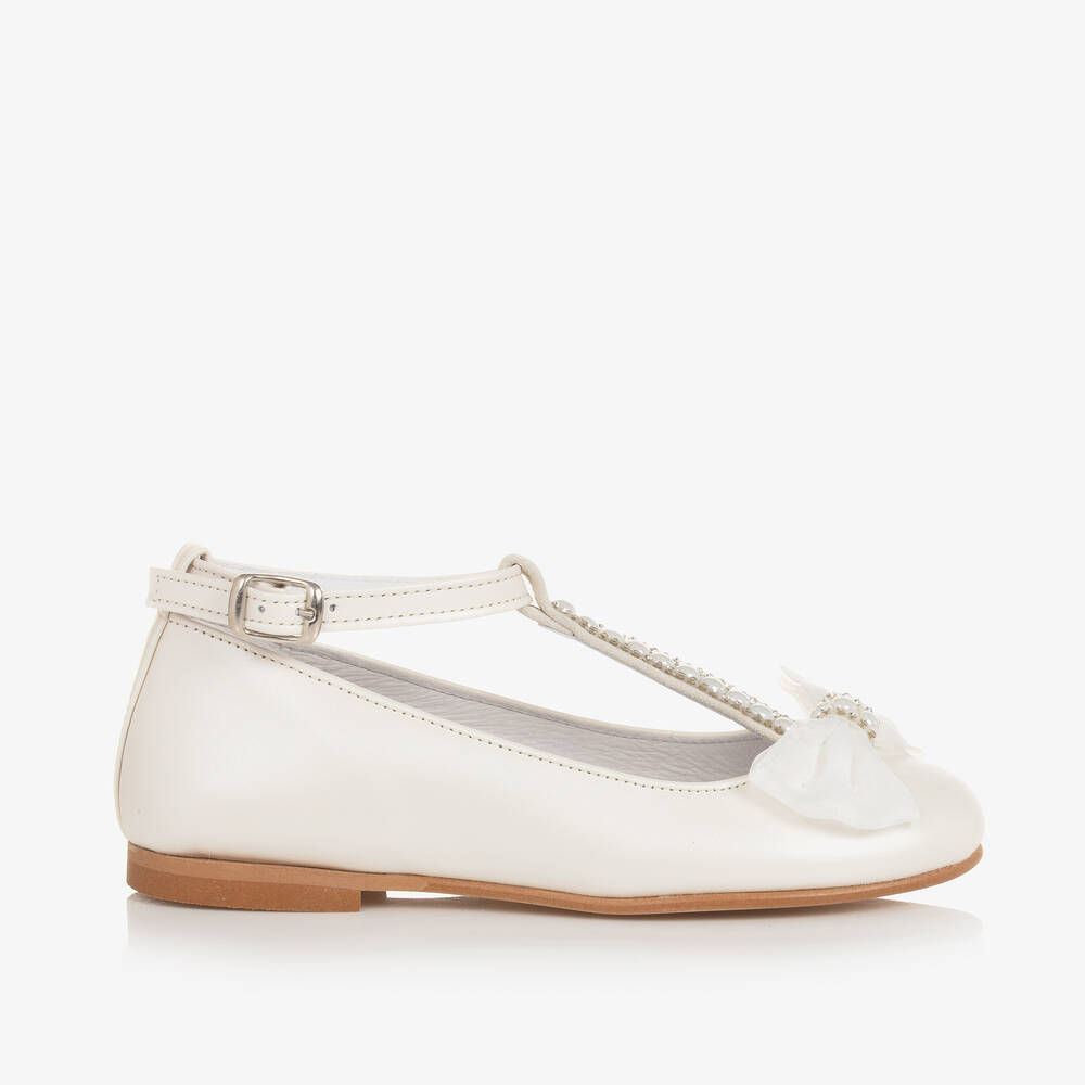 Children's Classics-Girls Ivory Leather Ballerina Bar Shoes | Childrensalon