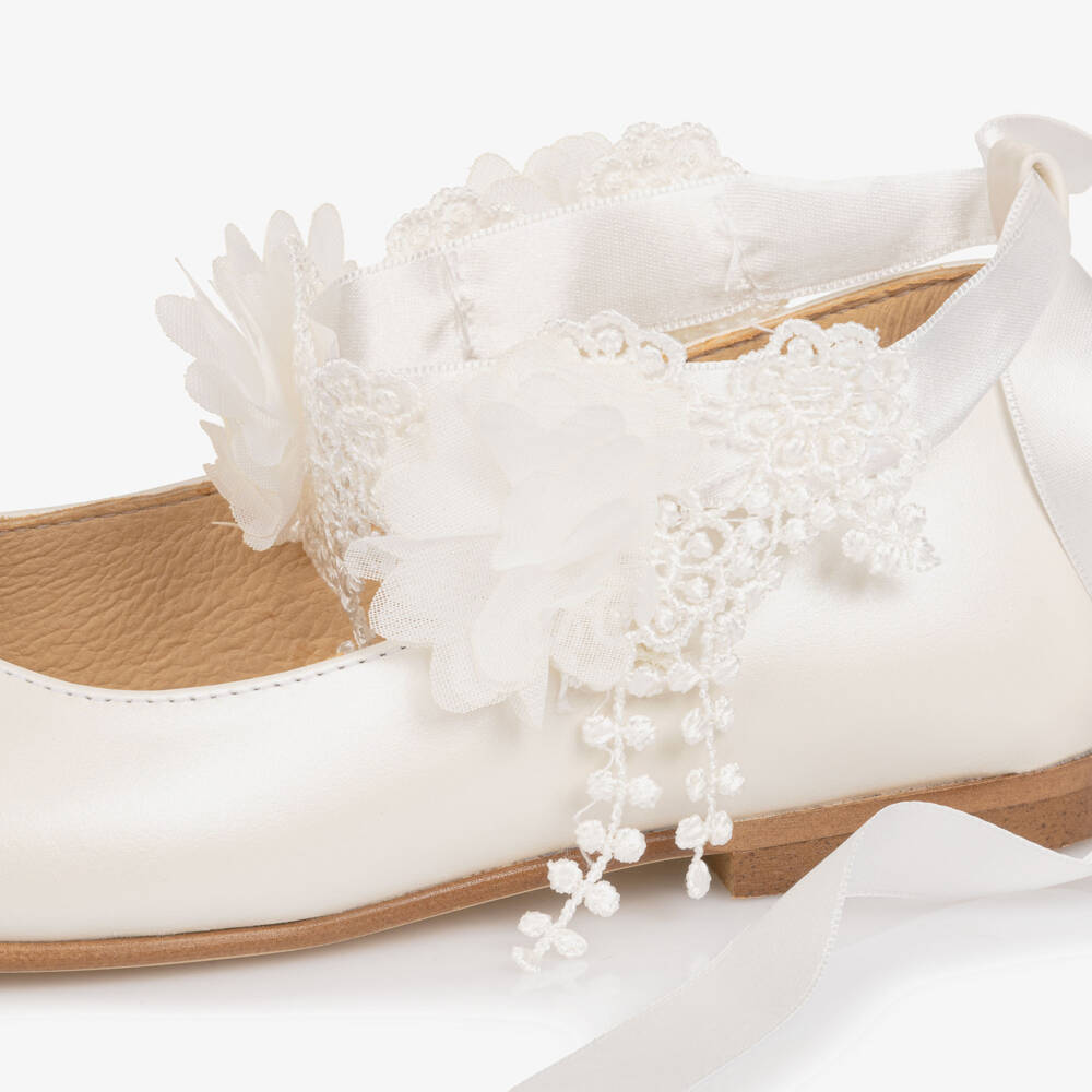 Children's Classics-Girls Ivory Leather Ballerina Shoes with Ribbon & Lace Ties | Childrensalon