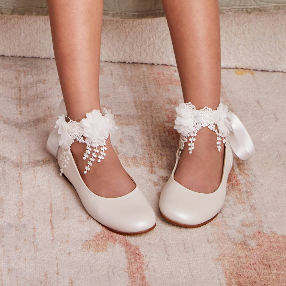 Children's Classics-Girls Ivory Leather Ballerina Shoes with Ribbon & Lace Ties | Childrensalon