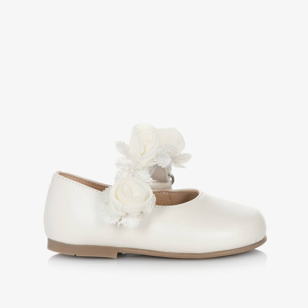 Children's Classics-Girls Ivory Leather First Walker Shoes with Floral Strap | Childrensalon