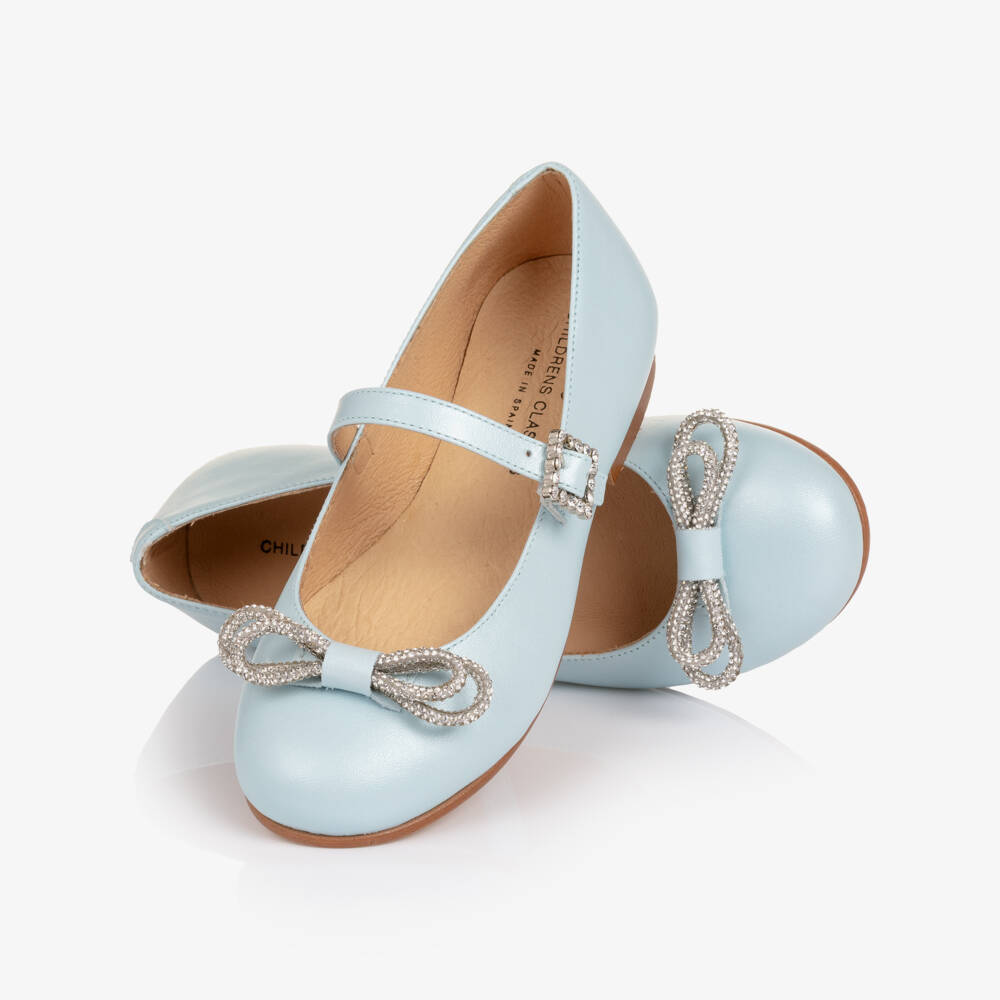 Children's Classics-Girls Pale Blue Leather Pumps with Diamanté Bows | Childrensalon