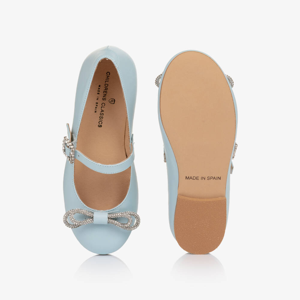 Children's Classics-Girls Pale Blue Leather Pumps with Diamanté Bows | Childrensalon