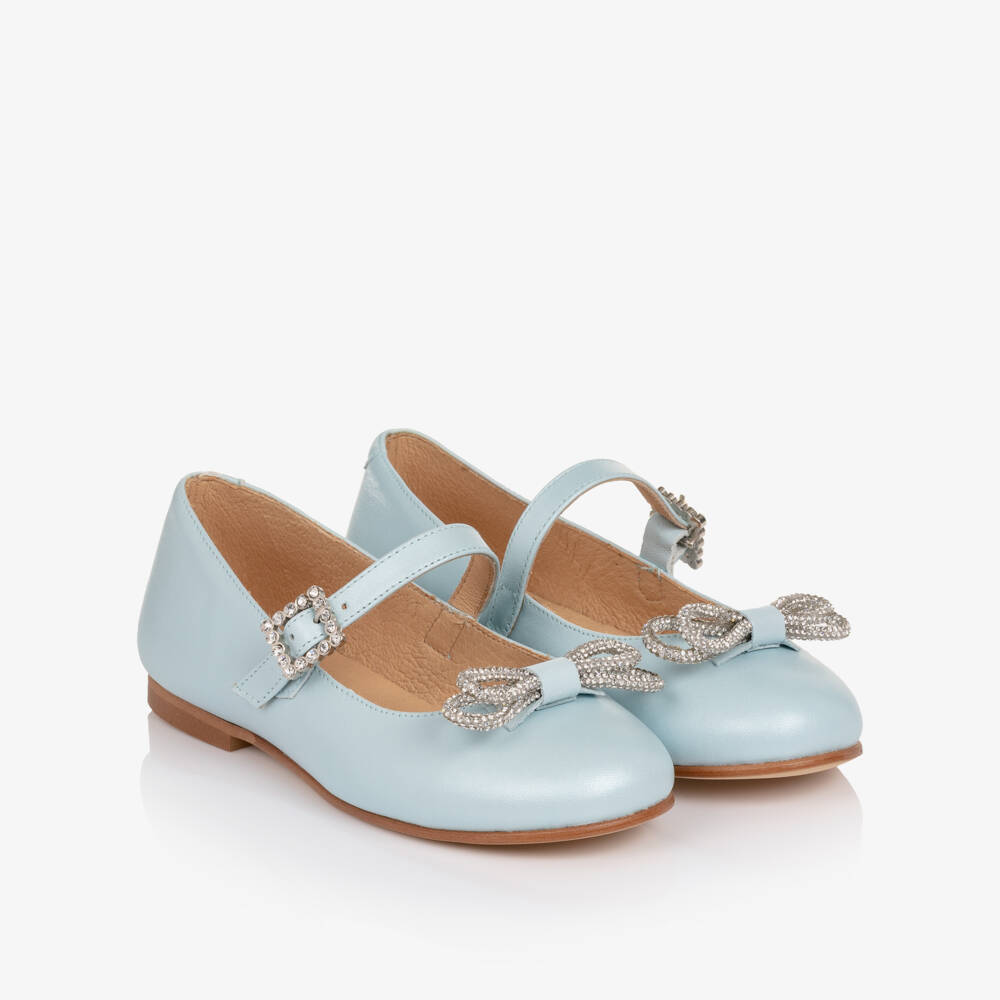 Children's Classics-Girls Pale Blue Leather Pumps with Diamanté Bows | Childrensalon