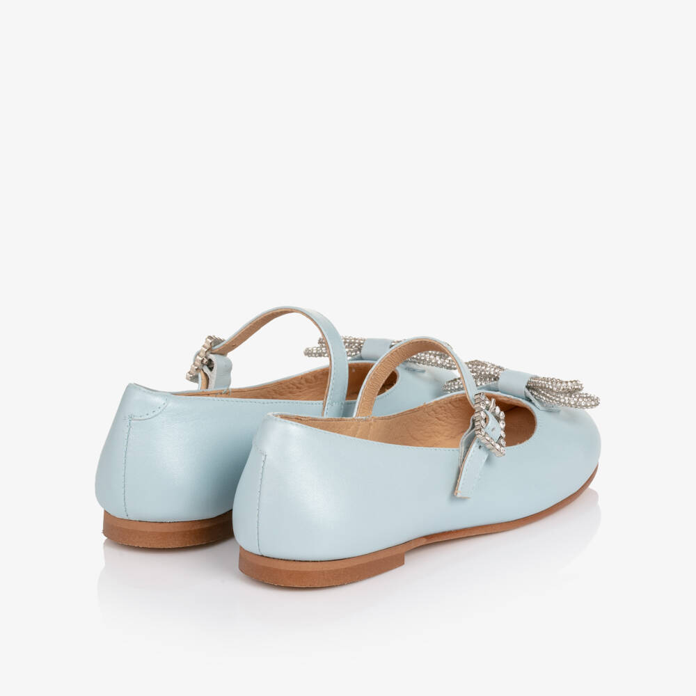 Children's Classics-Girls Pale Blue Leather Pumps with Diamanté Bows | Childrensalon