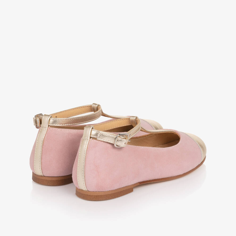 Children's Classics-Girls Pink & Gold Leather T-Bar Shoes | Childrensalon